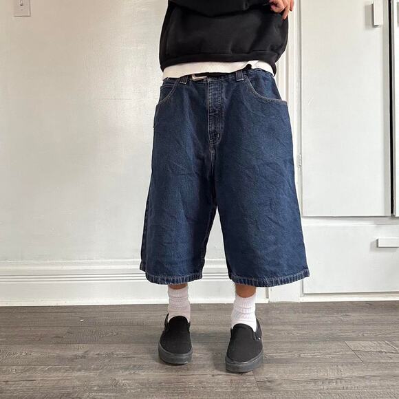 Vintage Y2K Anchor Blue Dark Denim Baggy Long Shorts Jorts - Picture 2 of 8